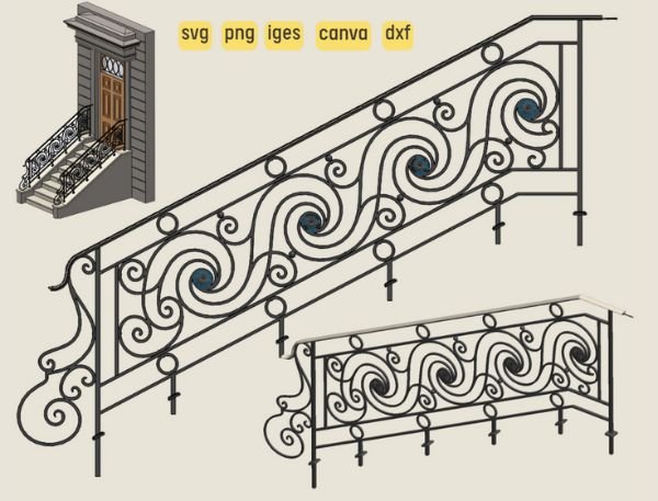 Scroll Stair Balustrade. 3D and 2D design. Luxury housing market